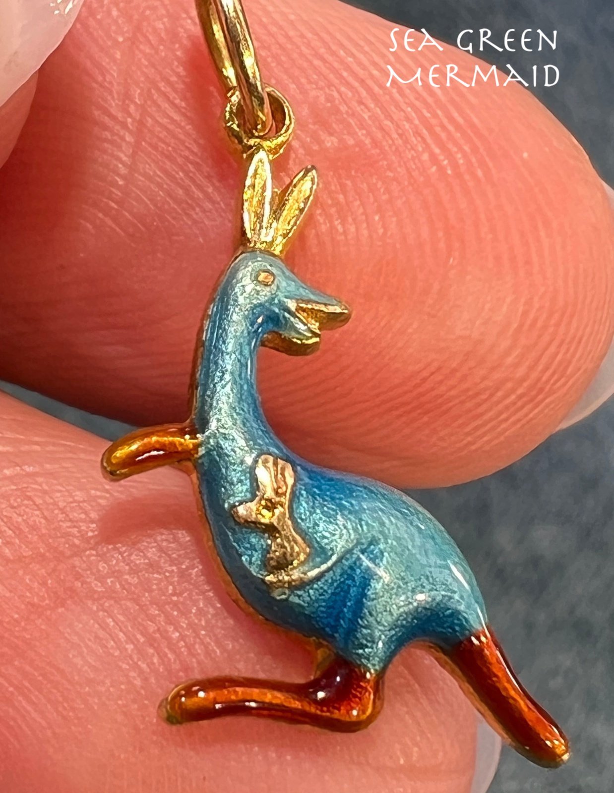 14k Gold Mama + Baby KANGAROO Pendant. Blue Enamel TINY!