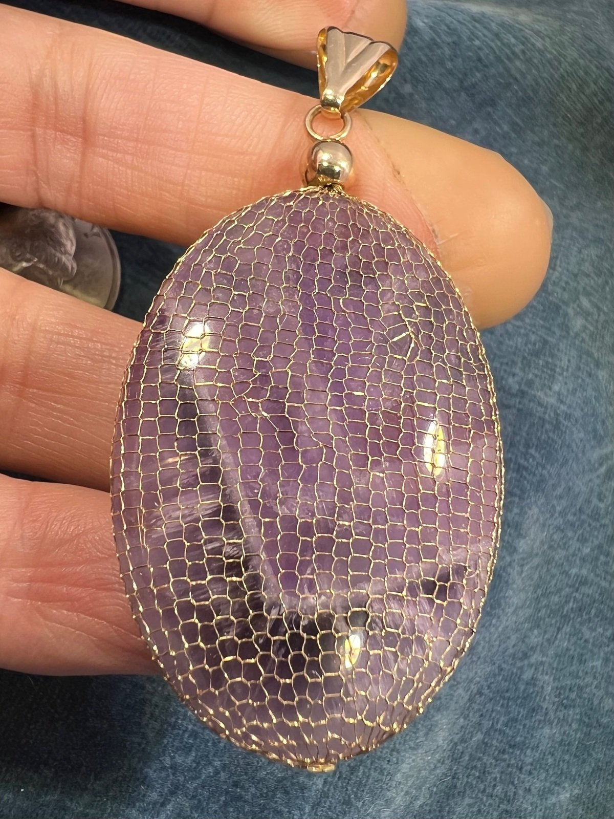 14k Gold Mesh Bag w Amethyst Cabochon Pendant. 2.5"+ 15g *Video*
