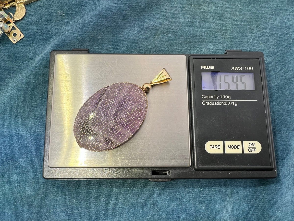 14k Gold Mesh Bag w Amethyst Cabochon Pendant. 2.5"+ 15g *Video*