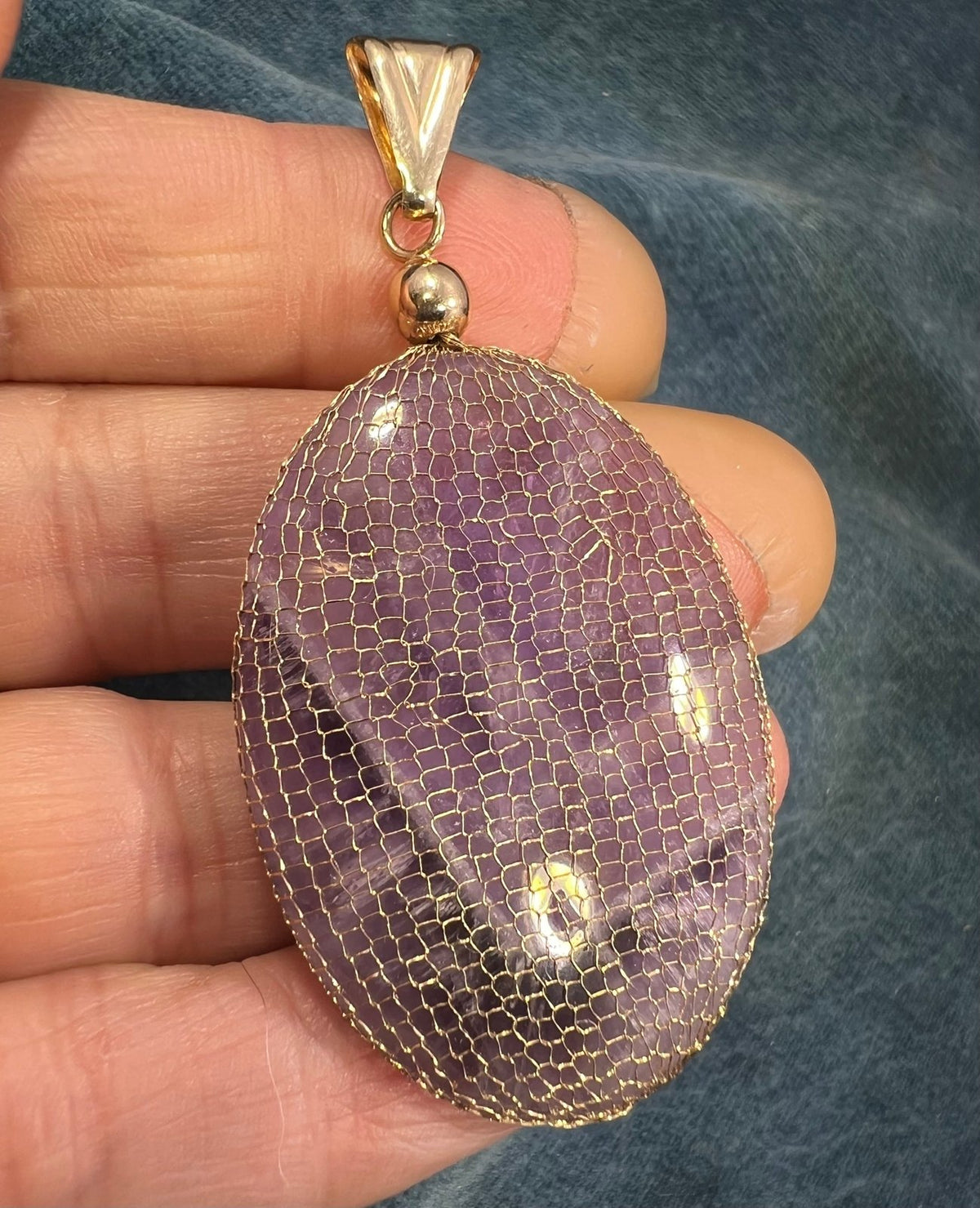 14k Gold Mesh Bag w Amethyst Cabochon Pendant. 2.5"+ 15g *Video*