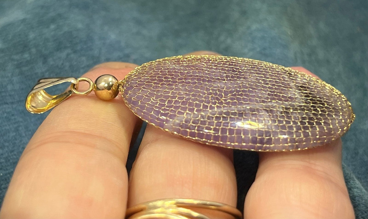 14k Gold Mesh Bag w Amethyst Cabochon Pendant. 2.5"+ 15g *Video*