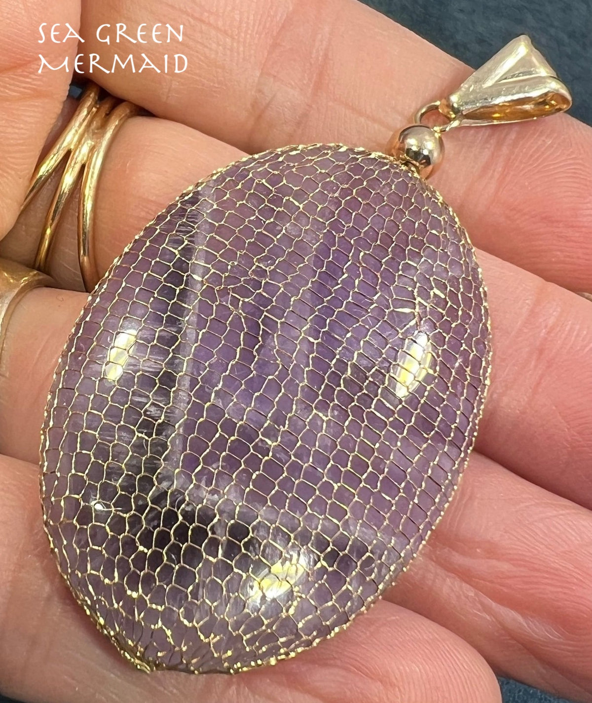 14k Gold Mesh Bag w Amethyst Cabochon Pendant. 2.5"+ 15g *Video*