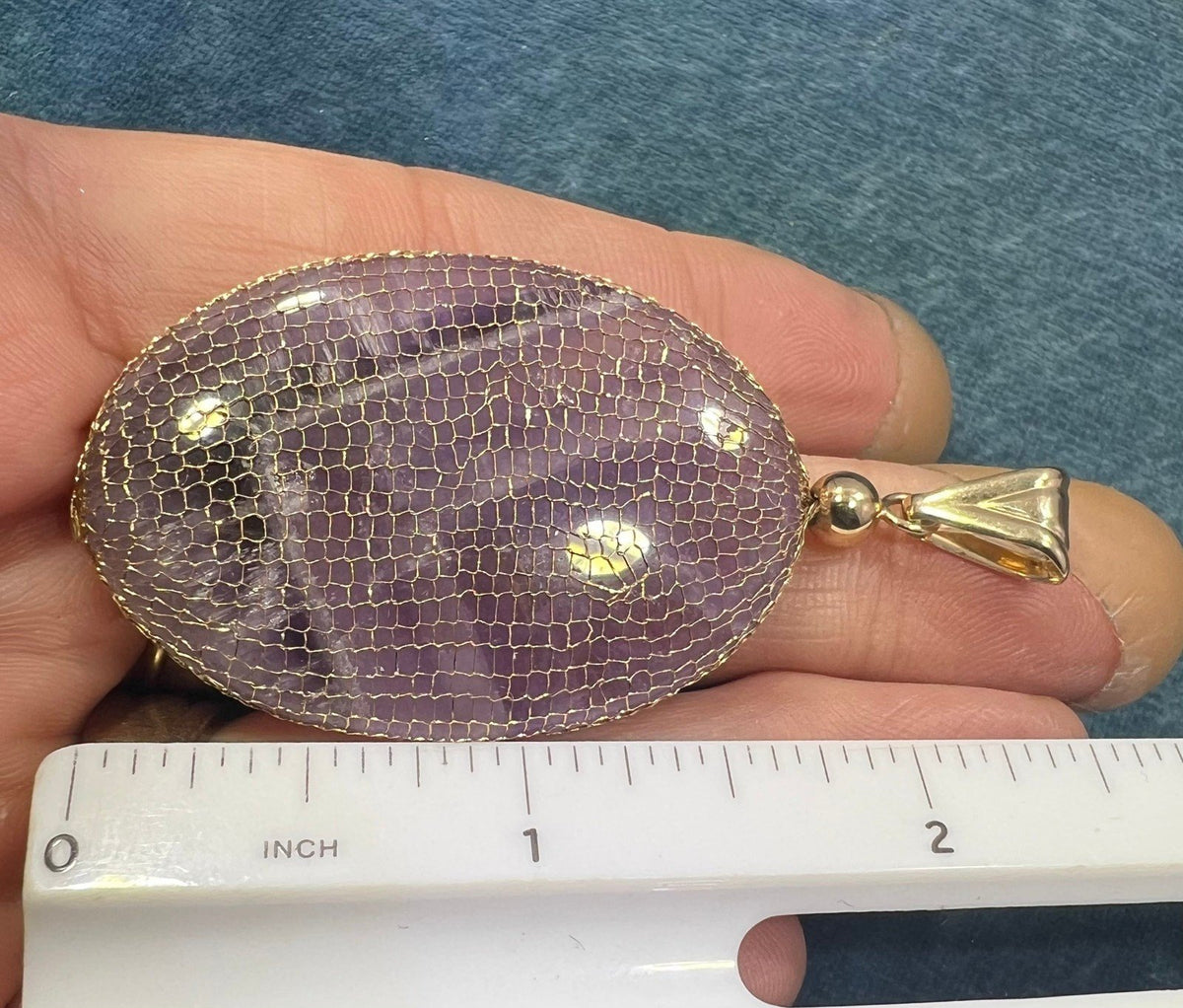 14k Gold Mesh Bag w Amethyst Cabochon Pendant. 2.5"+ 15g *Video*