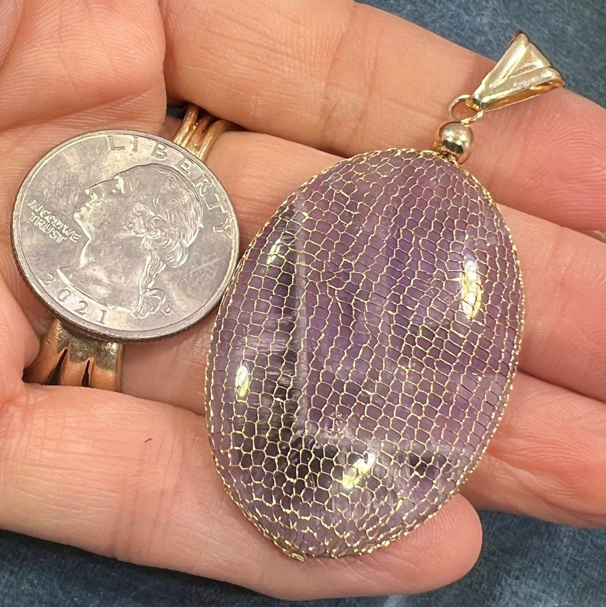 14k Gold Mesh Bag w Amethyst Cabochon Pendant. 2.5"+ 15g *Video*