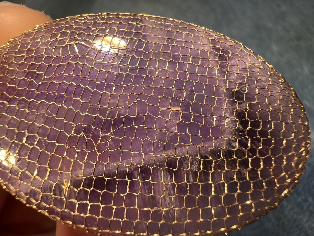 14k Gold Mesh Bag w Amethyst Cabochon Pendant. 2.5"+ 15g *Video*