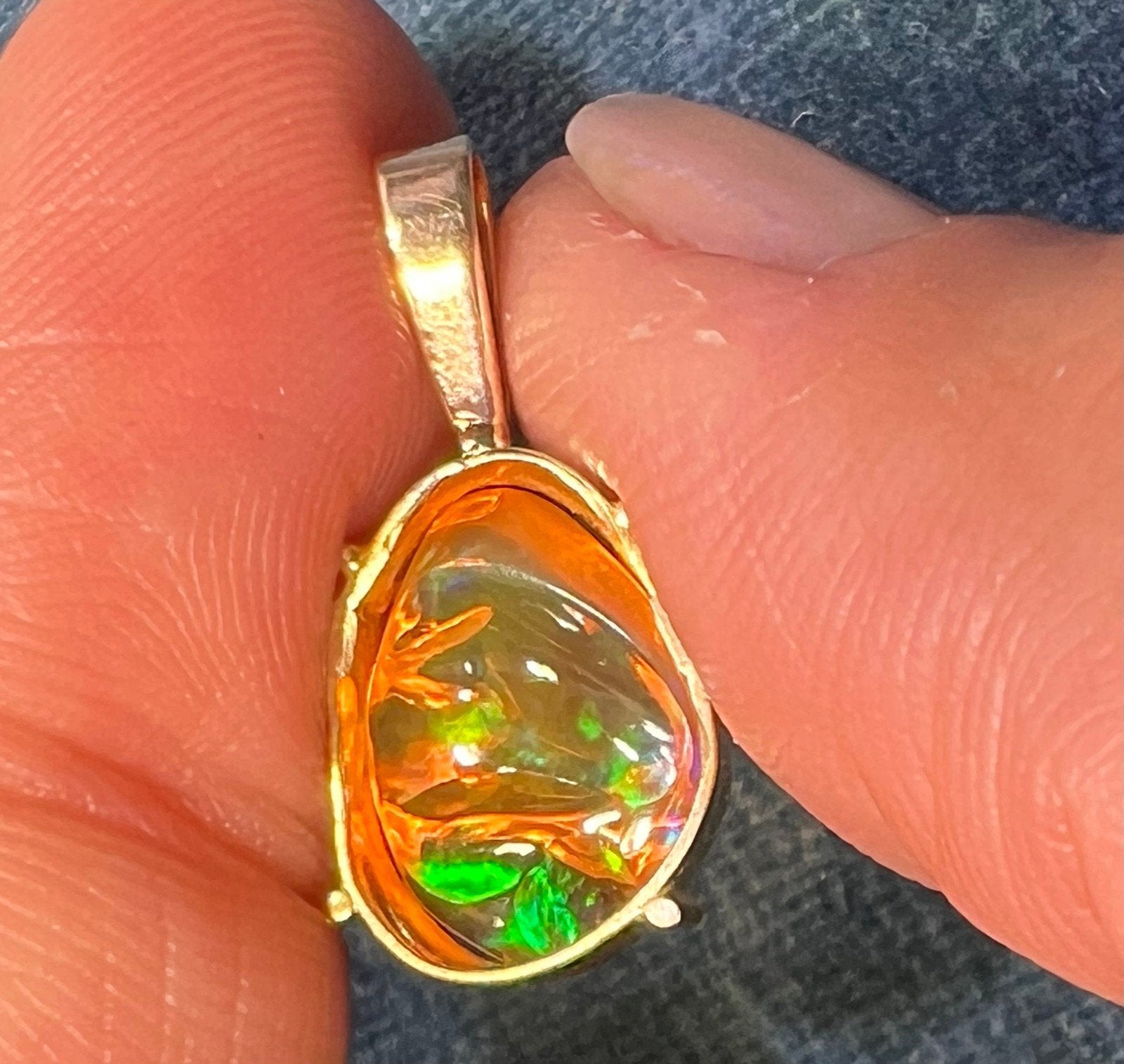 14k Gold Mexican Fire Jelly Opal Pendant *Video* - L