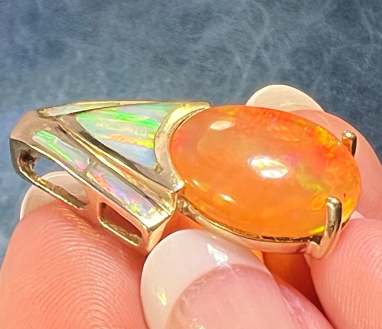 14k Gold Mexican Fire Opal Pendant w Lab Opal Accents. 1" 7g *Video*