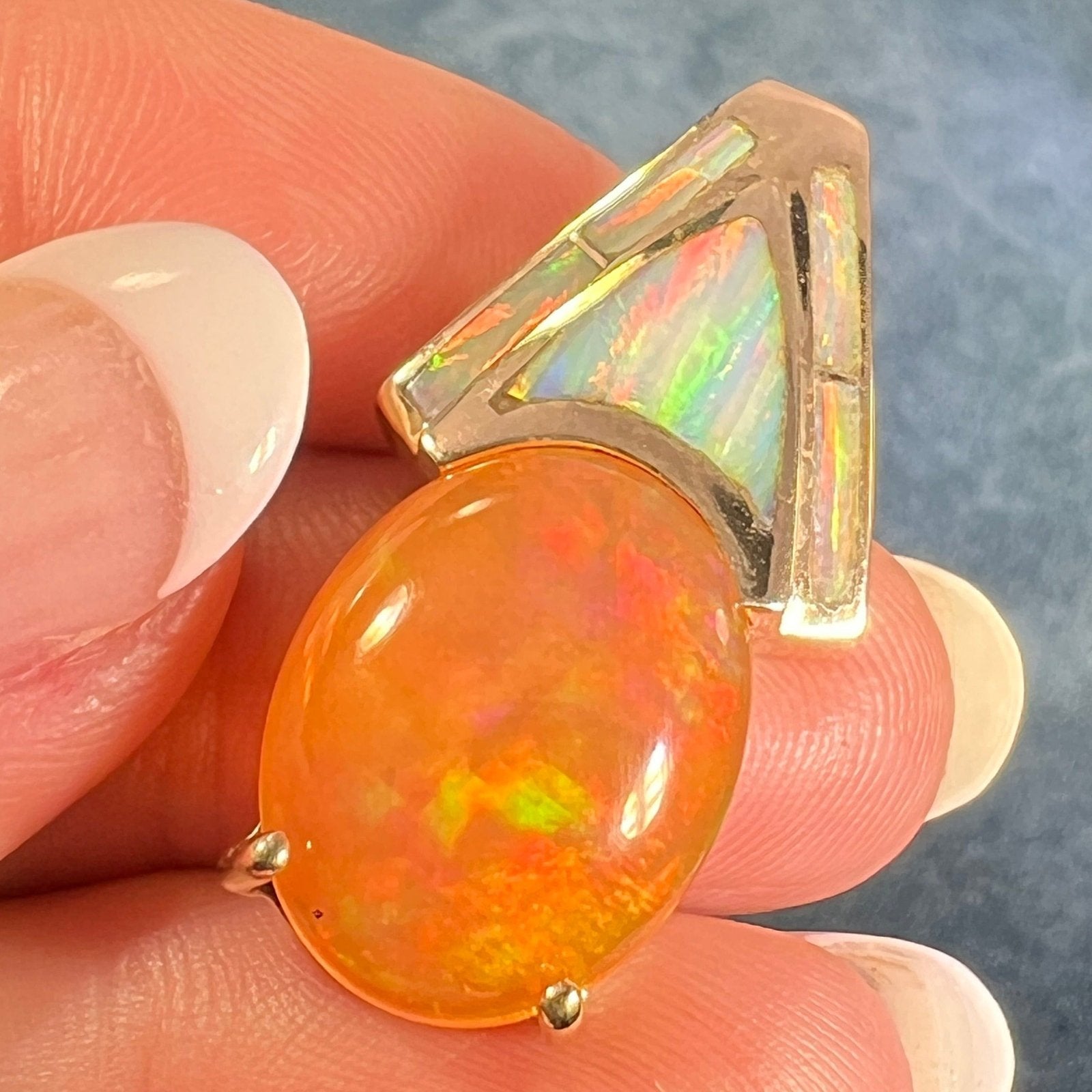 14k Gold Mexican Fire Opal Pendant w Lab Opal Accents. 1" 7g *Video*