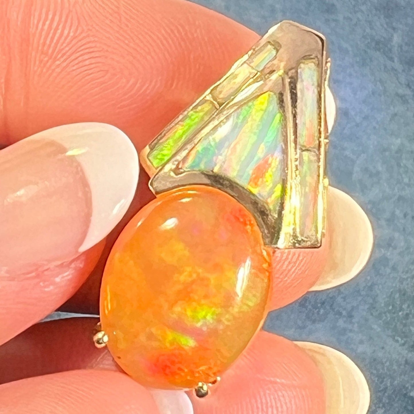 14k Gold Mexican Fire Opal Pendant w Lab Opal Accents. 1" 7g *Video*