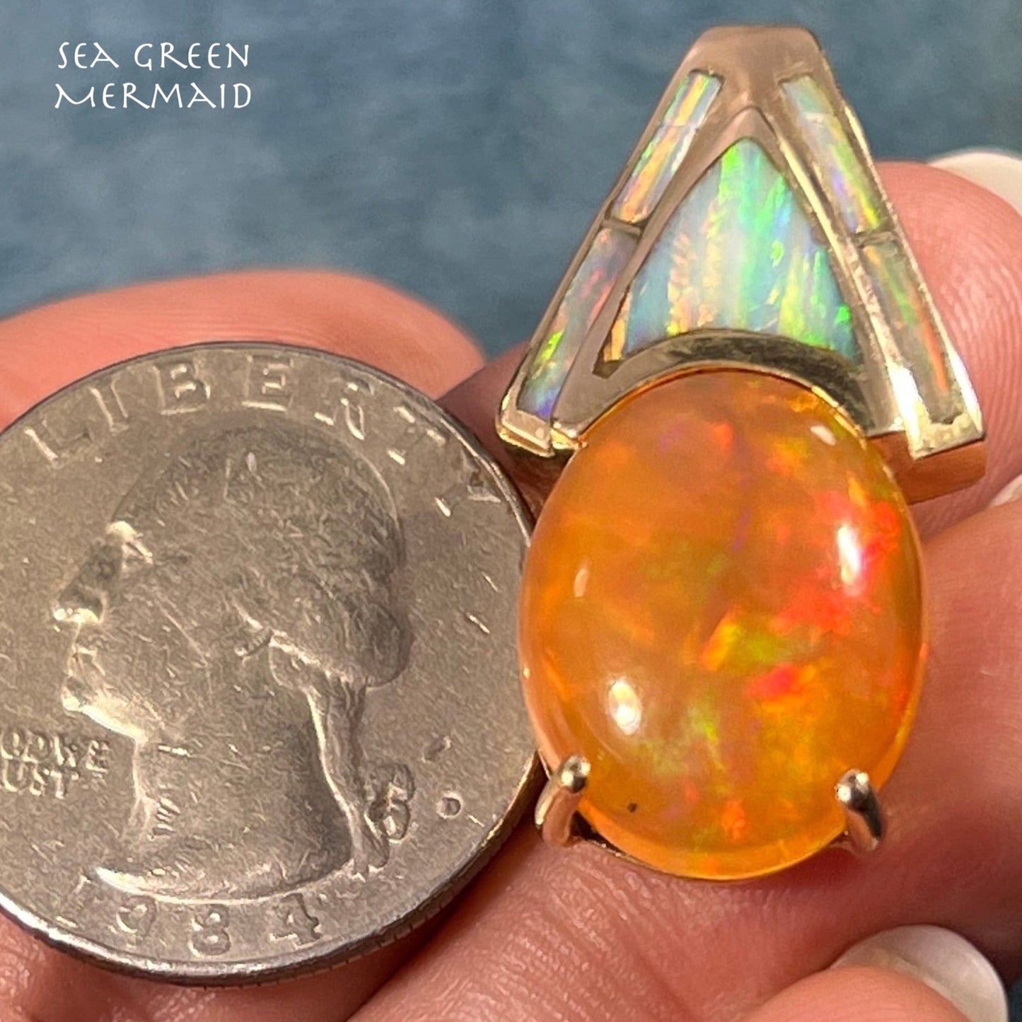 14k Gold Mexican Fire Opal Pendant w Lab Opal Accents. 1" 7g *Video*