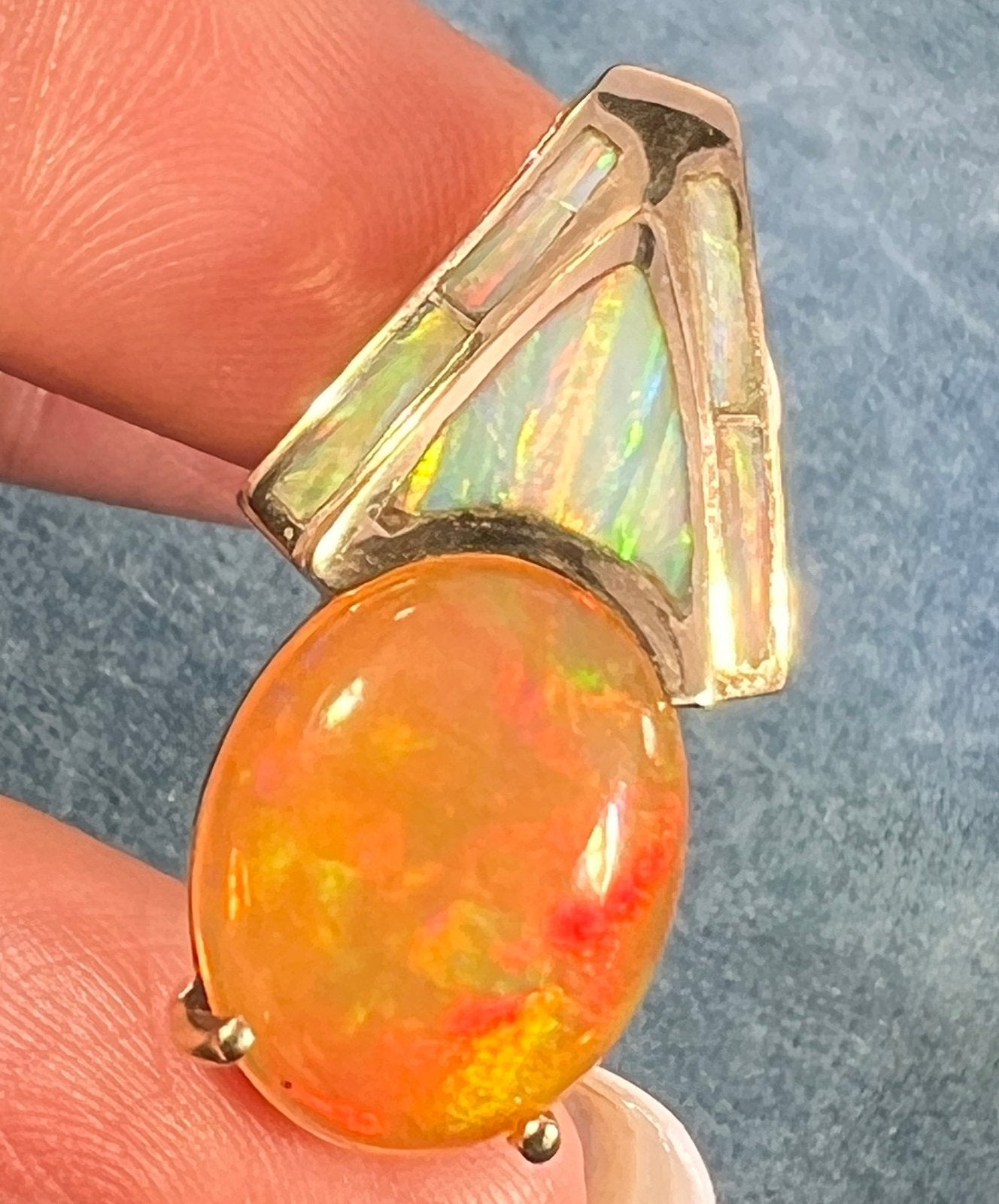 14k Gold Mexican Fire Opal Pendant w Lab Opal Accents. 1" 7g *Video*