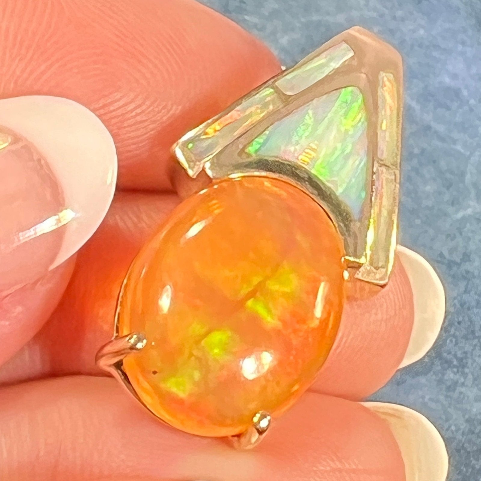 14k Gold Mexican Fire Opal Pendant w Lab Opal Accents. 1" 7g *Video*