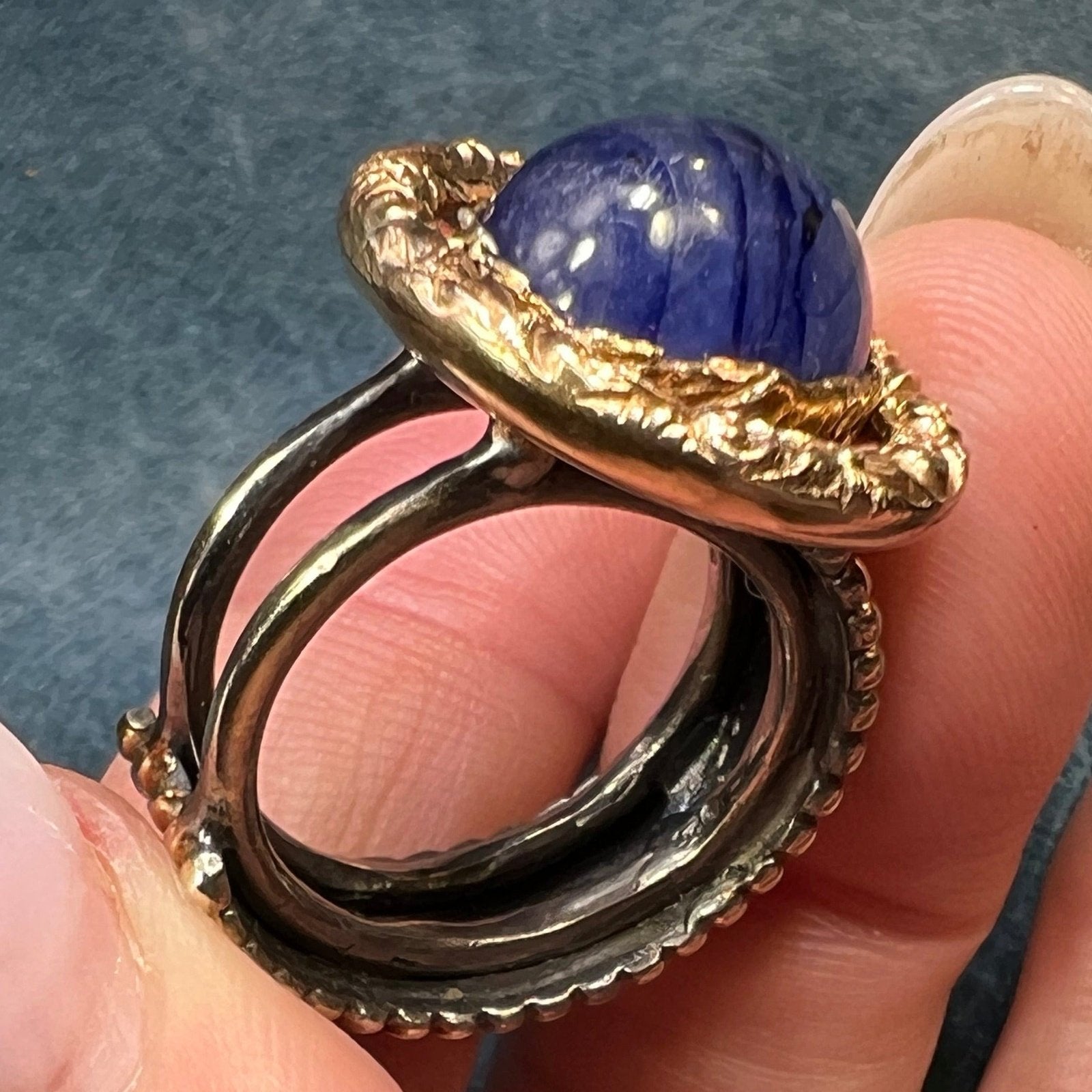 14k Gold + Mixed Metals Natural Blue Sapphire Cabochon Ring. 3/4" + 12g