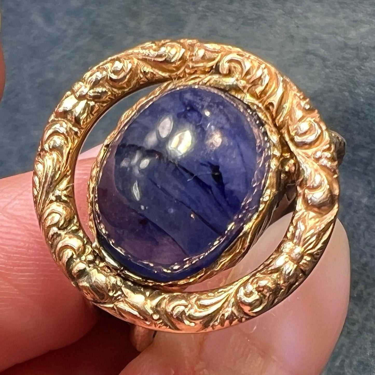 14k Gold + Mixed Metals Natural Blue Sapphire Cabochon Ring. 3/4" + 12g