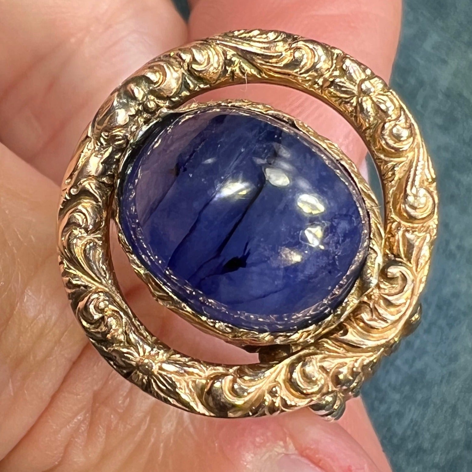 14k Gold + Mixed Metals Natural Blue Sapphire Cabochon Ring. 3/4" + 12g