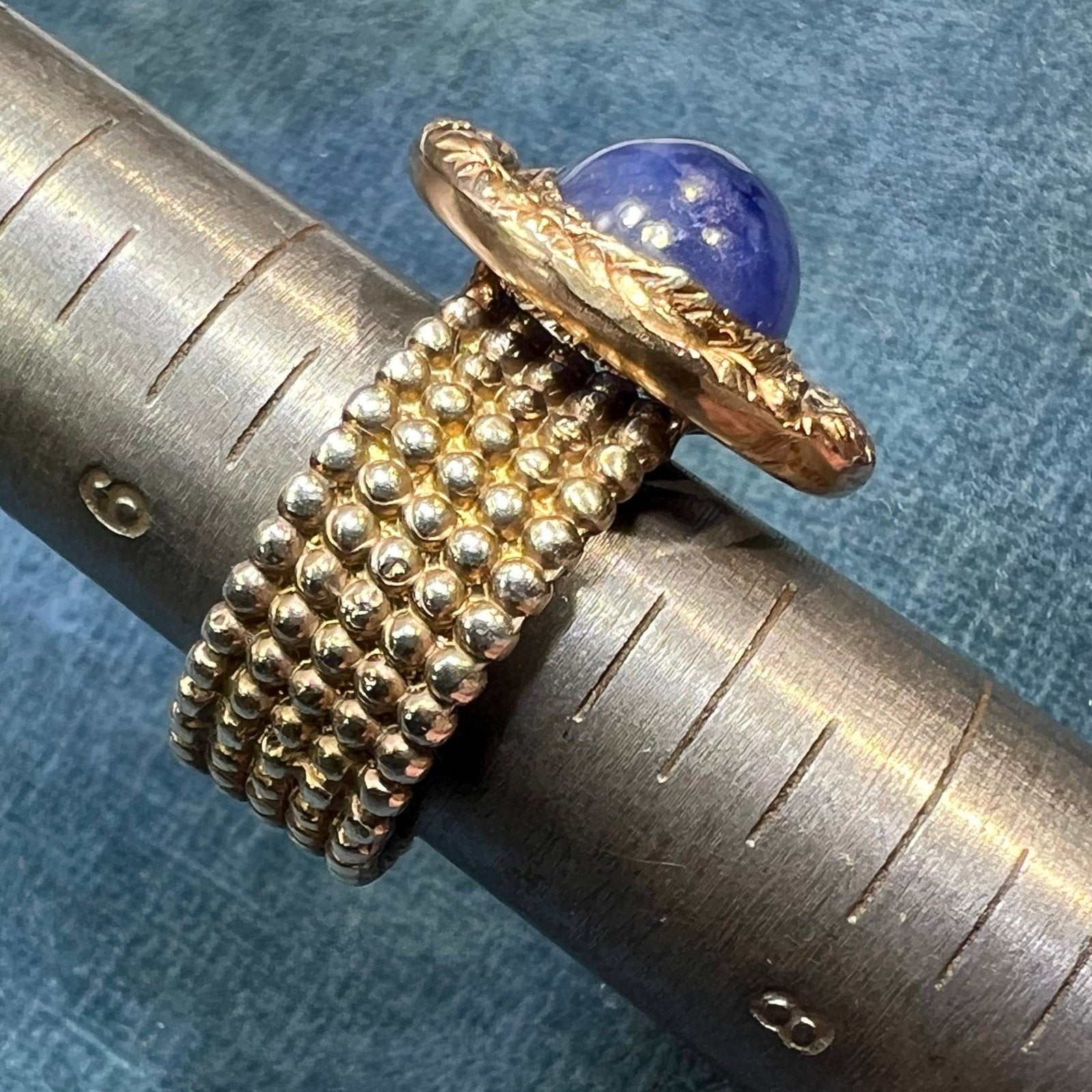 14k Gold + Mixed Metals Natural Blue Sapphire Cabochon Ring. 3/4" + 12g