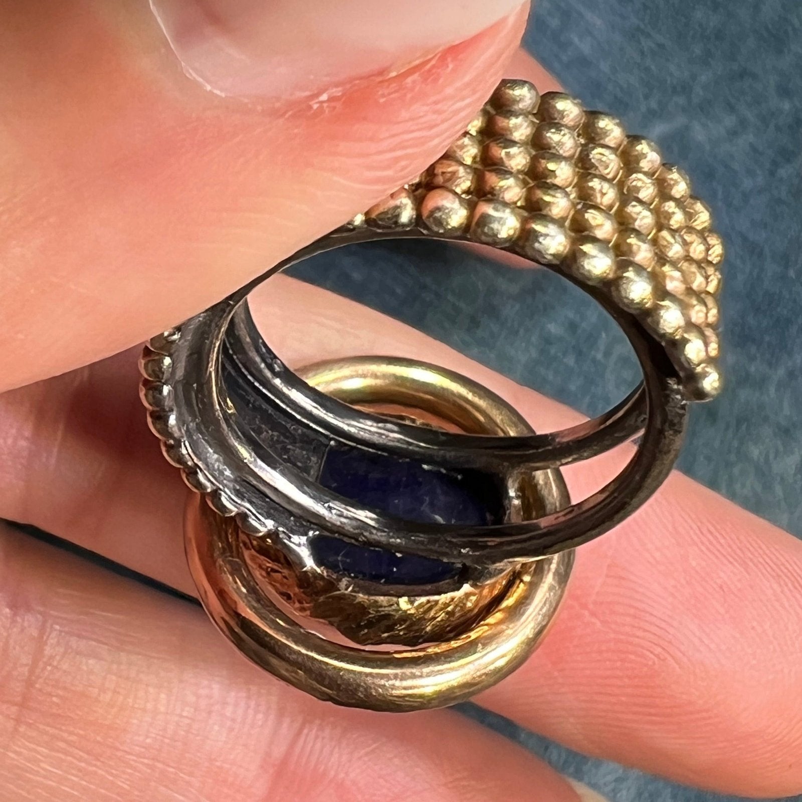 14k Gold + Mixed Metals Natural Blue Sapphire Cabochon Ring. 3/4" + 12g