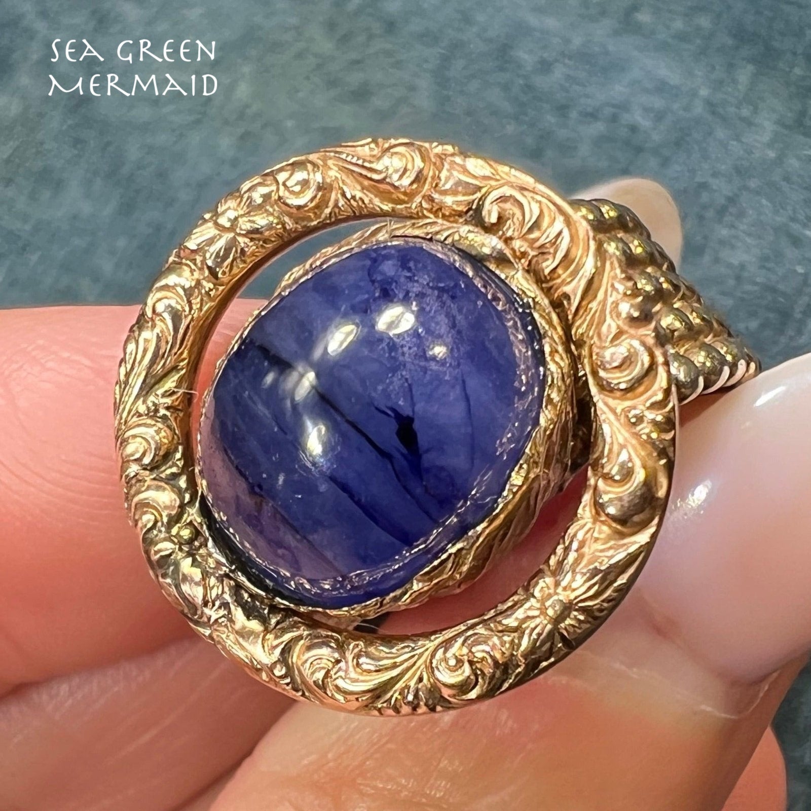 14k Gold + Mixed Metals Natural Blue Sapphire Cabochon Ring. 3/4" + 12g