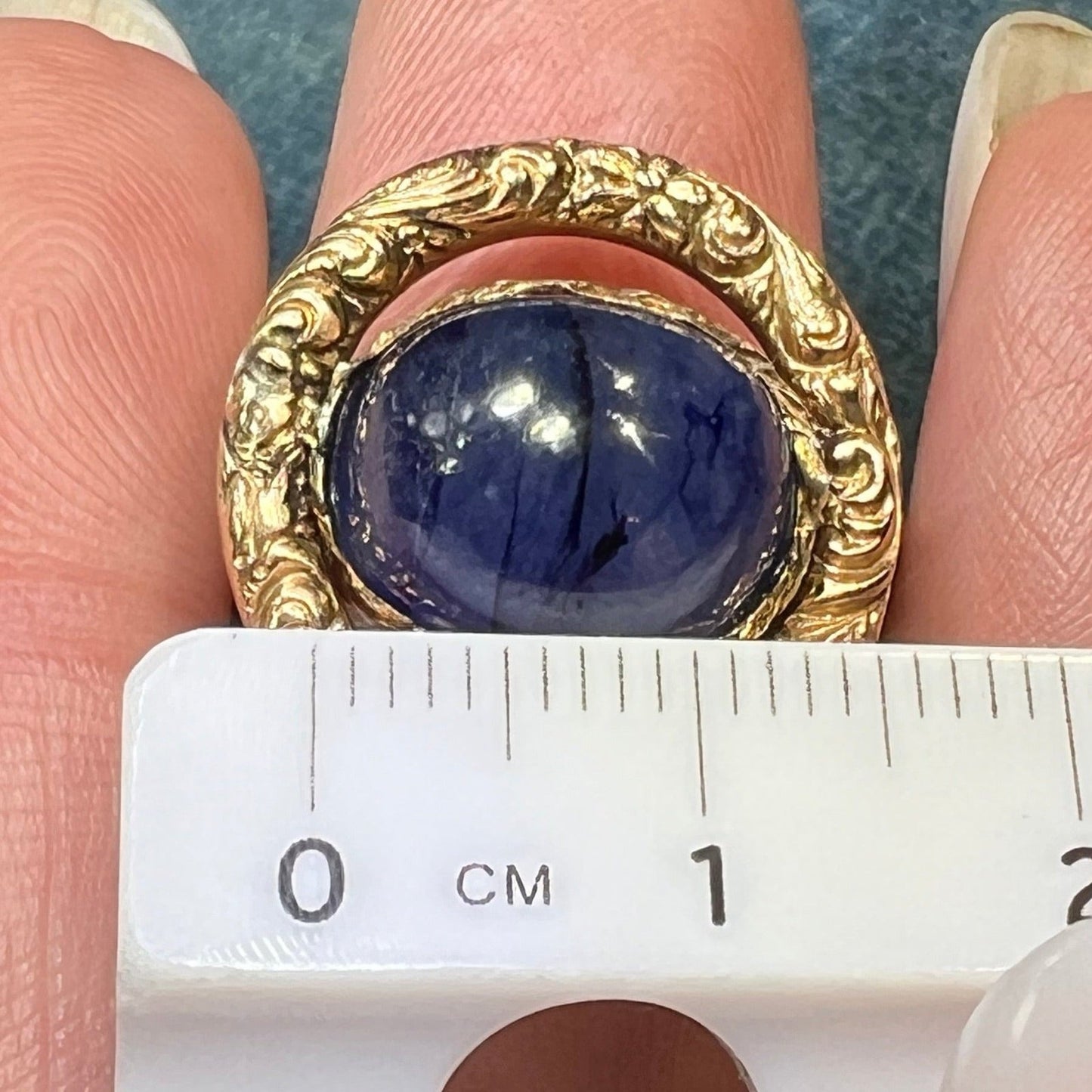 14k Gold + Mixed Metals Natural Blue Sapphire Cabochon Ring. 3/4" + 12g