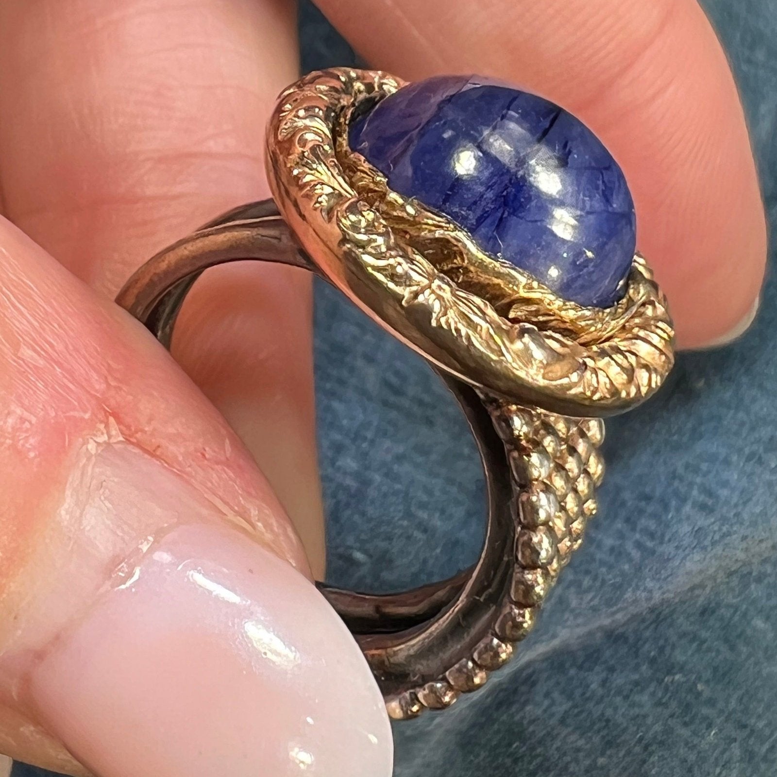 14k Gold + Mixed Metals Natural Blue Sapphire Cabochon Ring. 3/4" + 12g