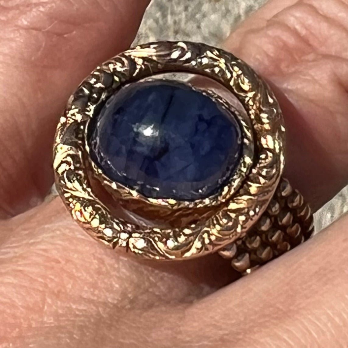 14k Gold + Mixed Metals Natural Blue Sapphire Cabochon Ring. 3/4" + 12g