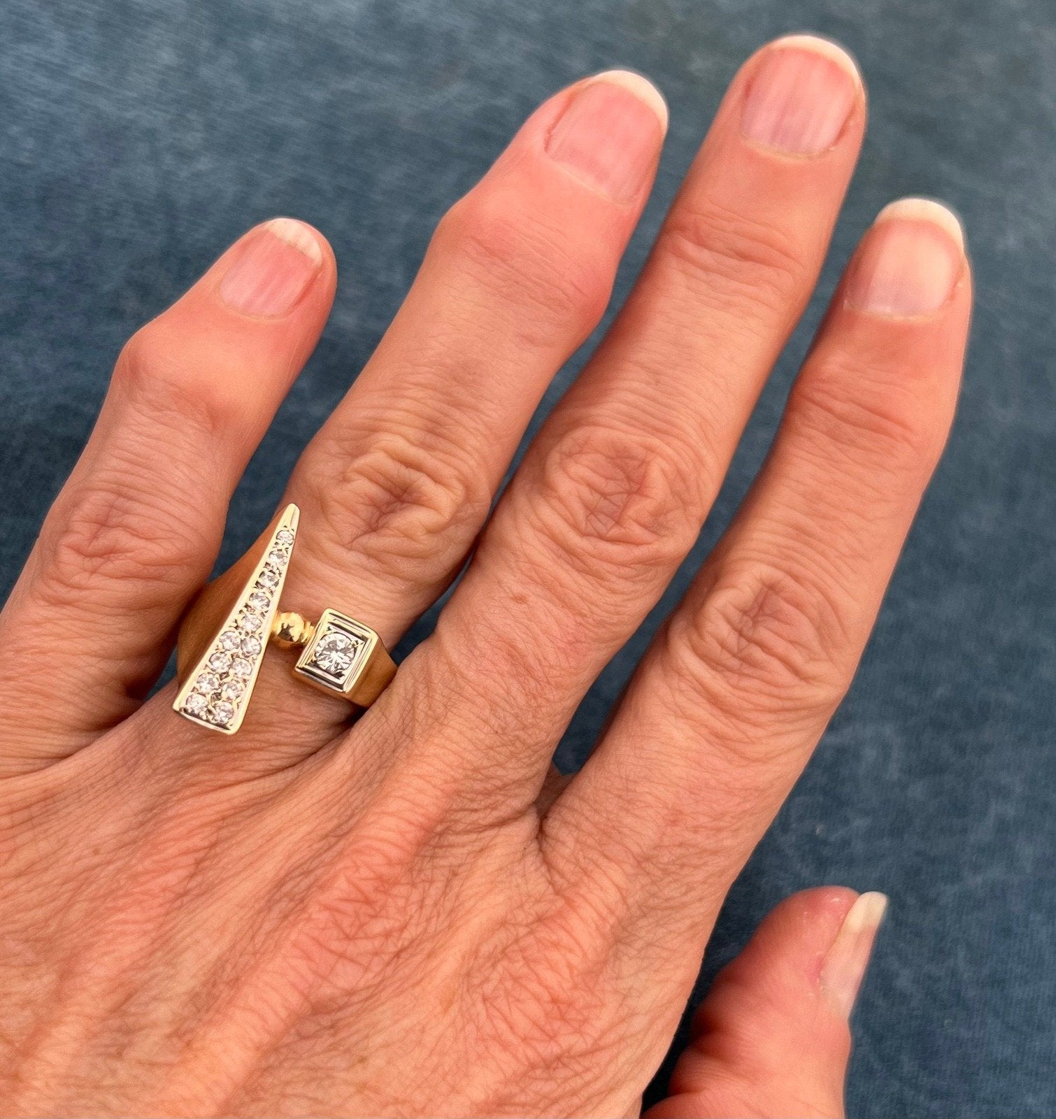 14k Gold Modernist Asymmetrical Diamond Ring. MCM Modern