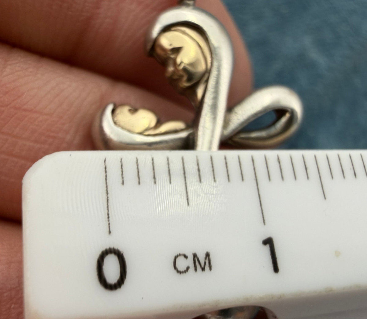 14k Gold Mother + Child in 925 Silver Cross Pendant. Madonna + Baby Jesus