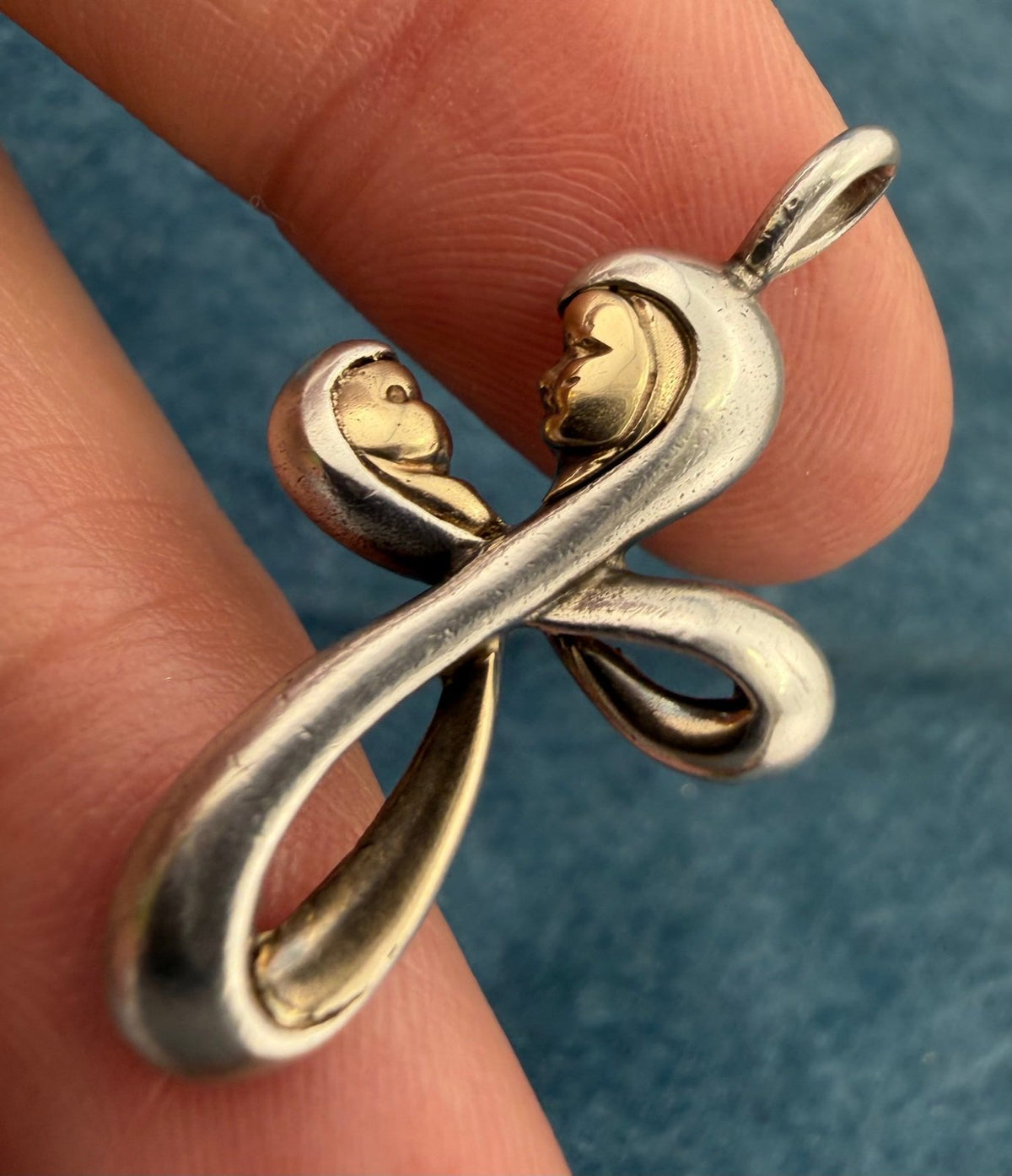 14k Gold Mother + Child in 925 Silver Cross Pendant. Madonna + Baby Jesus