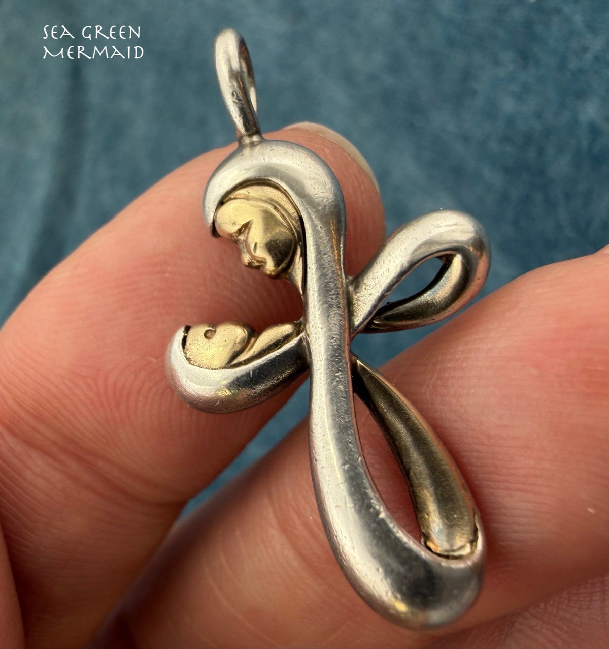 14k Gold Mother + Child in 925 Silver Cross Pendant. Madonna + Baby Jesus
