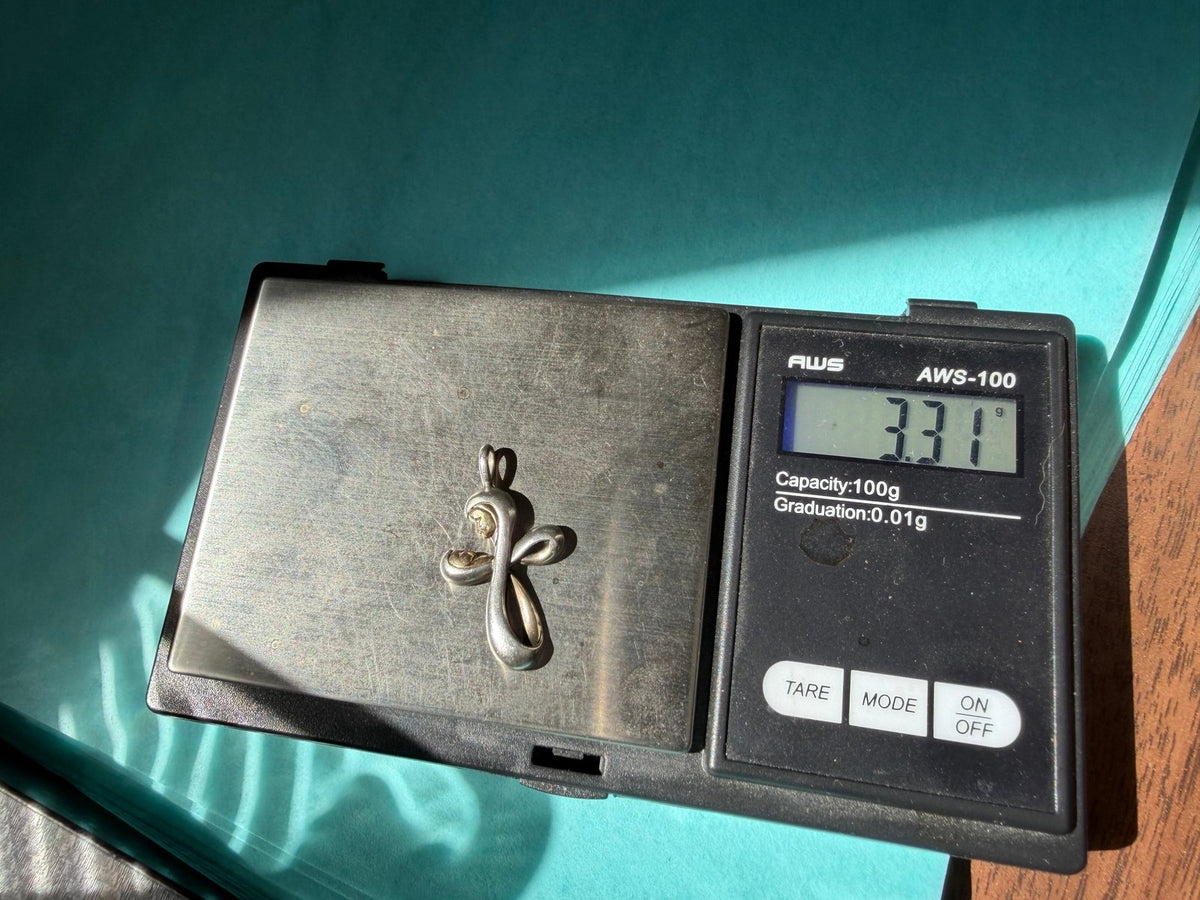 14k Gold Mother + Child in 925 Silver Cross Pendant. Madonna + Baby Jesus