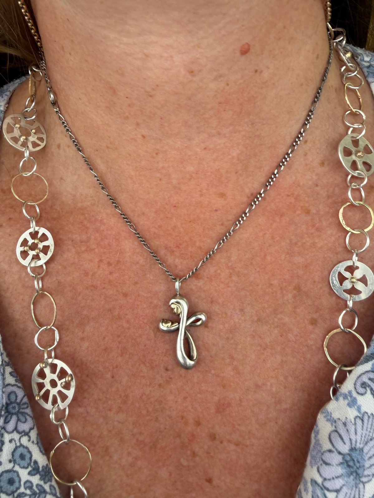 14k Gold Mother + Child in 925 Silver Cross Pendant. Madonna + Baby Jesus