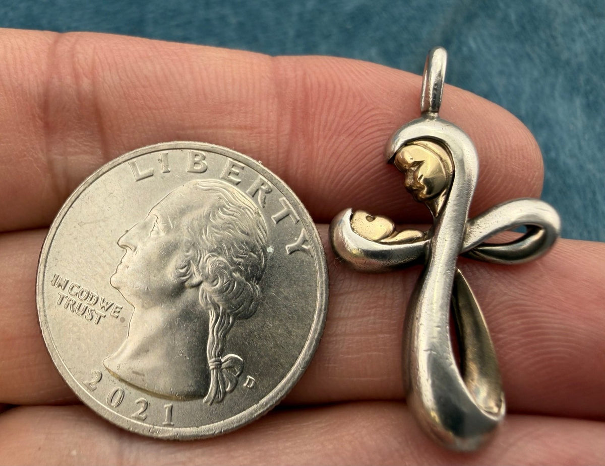 14k Gold Mother + Child in 925 Silver Cross Pendant. Madonna + Baby Jesus