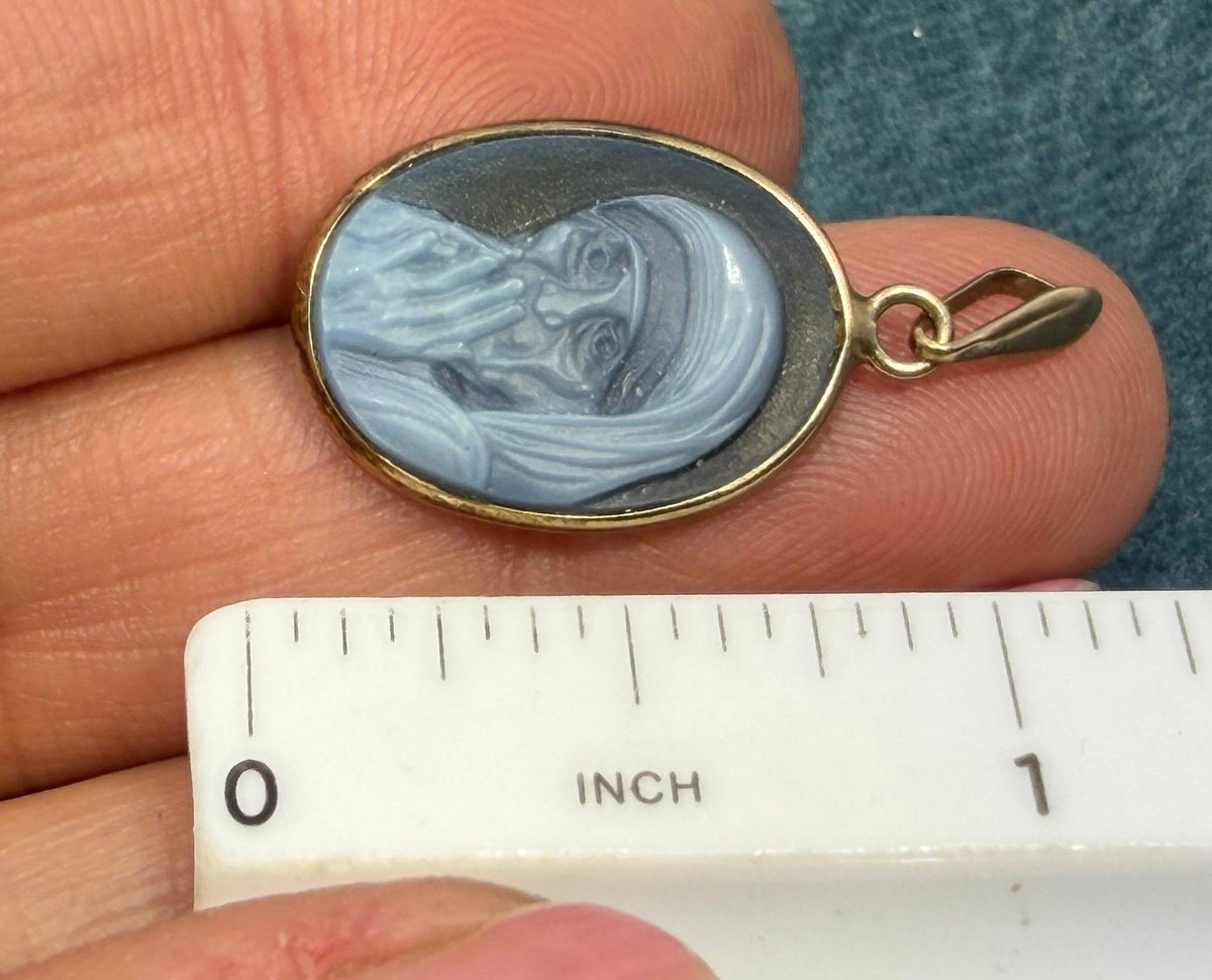 14k Gold Mother Teresa Cameo Pendant in Blue Agate. Compassion