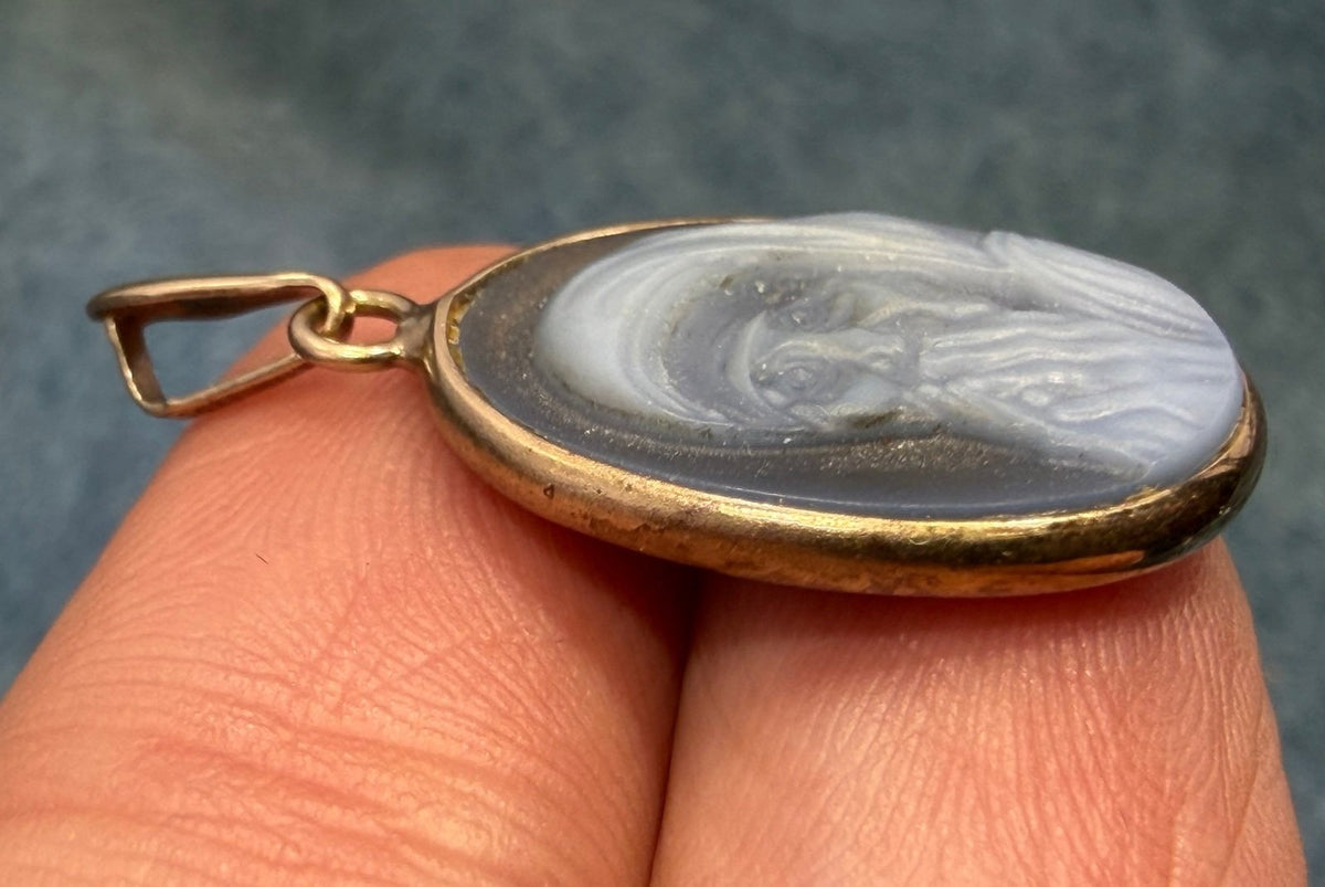14k Gold Mother Teresa Cameo Pendant in Blue Agate. Compassion