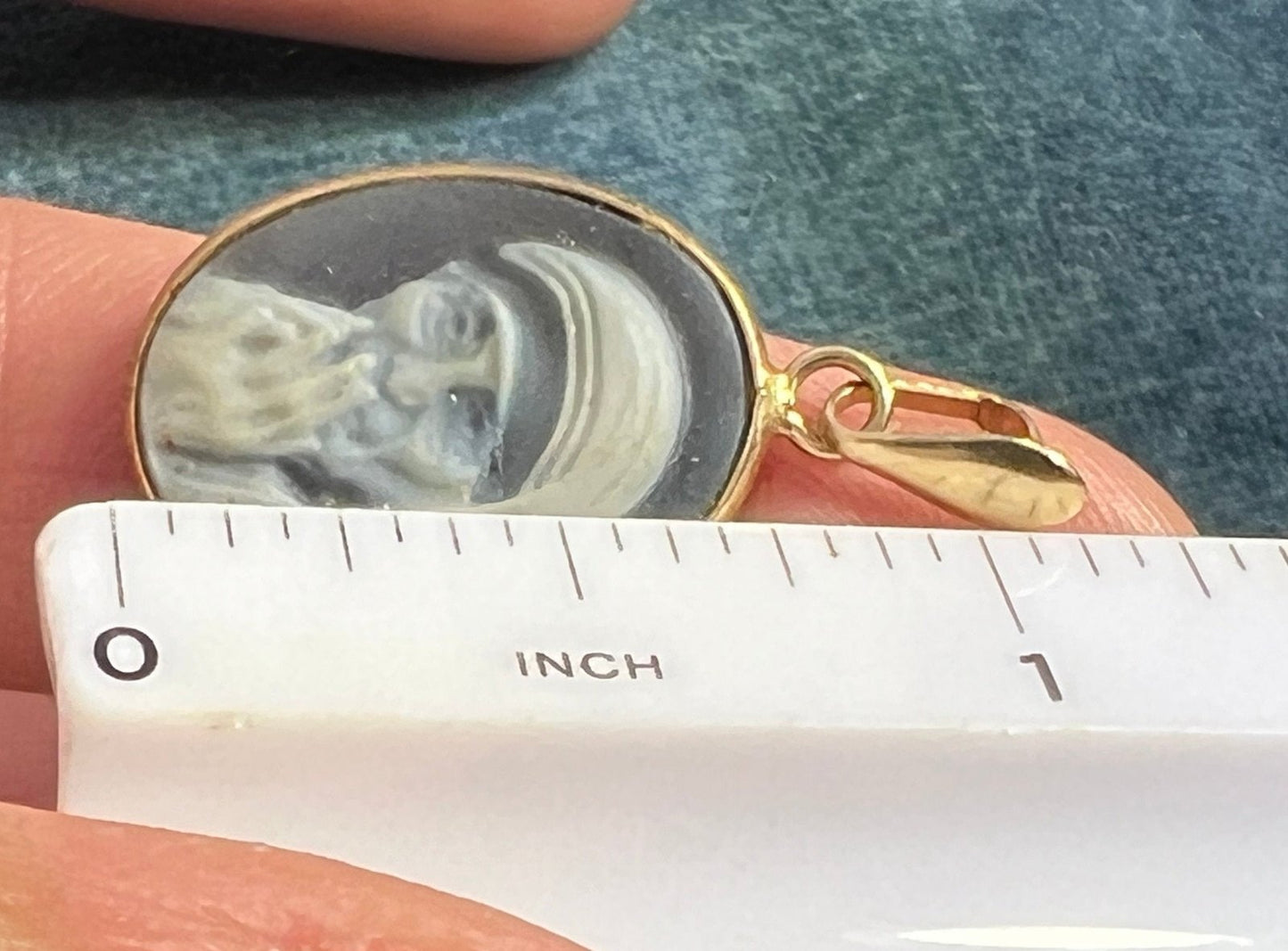 14k Gold Mother Teresa Cameo Pendant in Blue Agate. Compassion