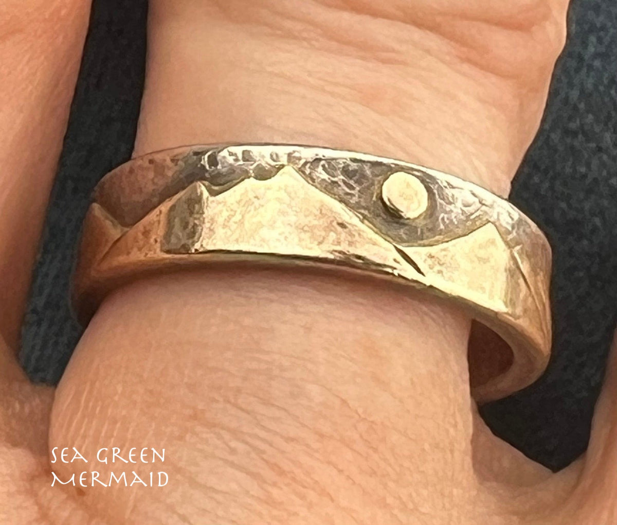 14k Gold Mountain Range + Sun on Wide Silver Band Ring. FIRTH