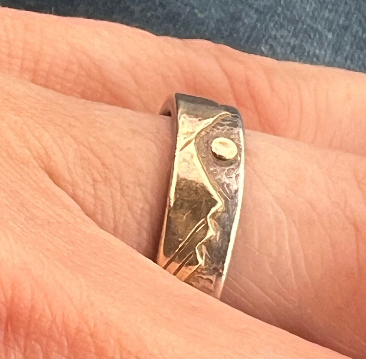 14k Gold Mountain Range + Sun on Wide Silver Band Ring. FIRTH