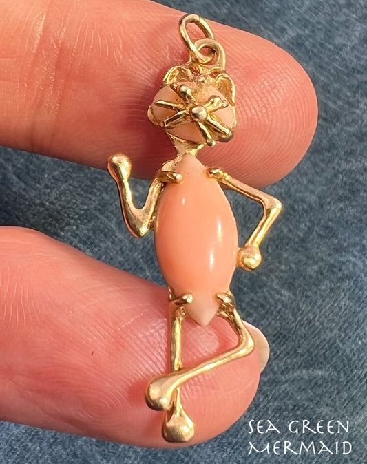 14k Gold Mr. Sassy Cat Pendant w Peach Coral Jelly Belly! 1.4"