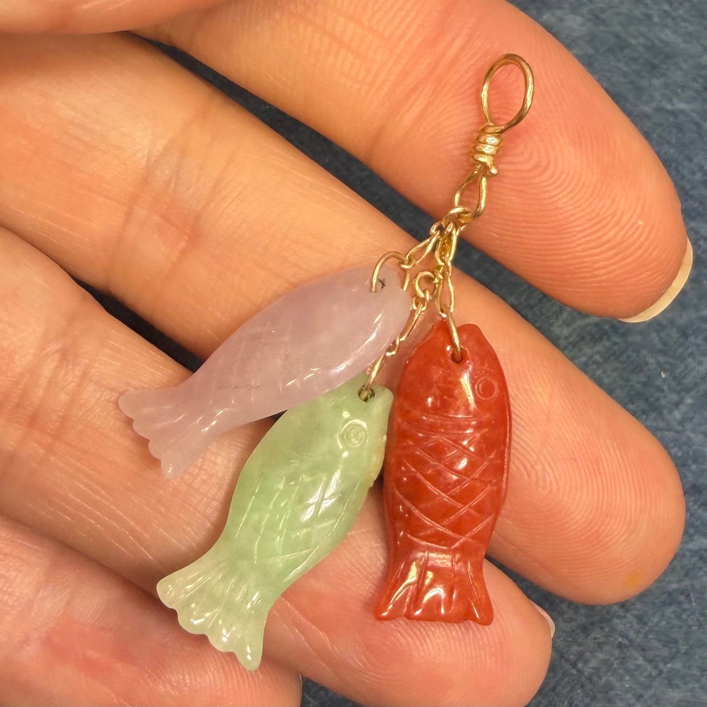 14k Gold Multi-Color Carved Fish Pendant. Lavender Red Green Jade