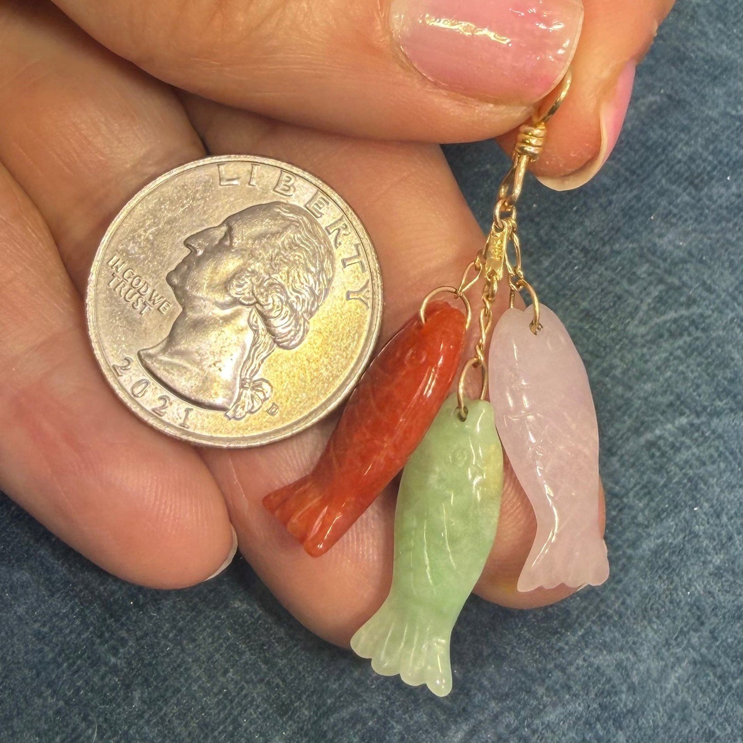 14k Gold Multi-Color Carved Fish Pendant. Lavender Red Green Jade