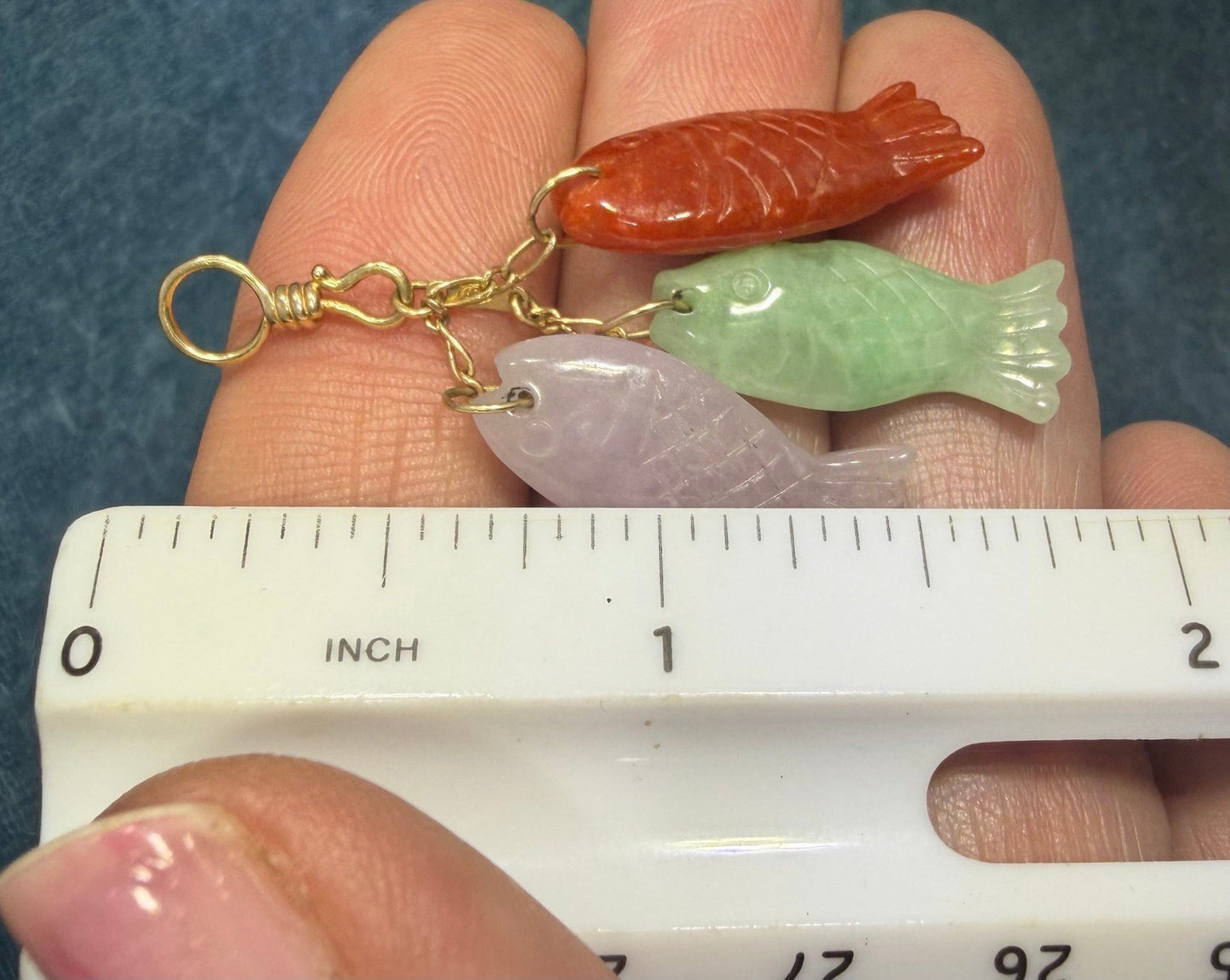 14k Gold Multi-Color Carved Fish Pendant. Lavender Red Green Jade