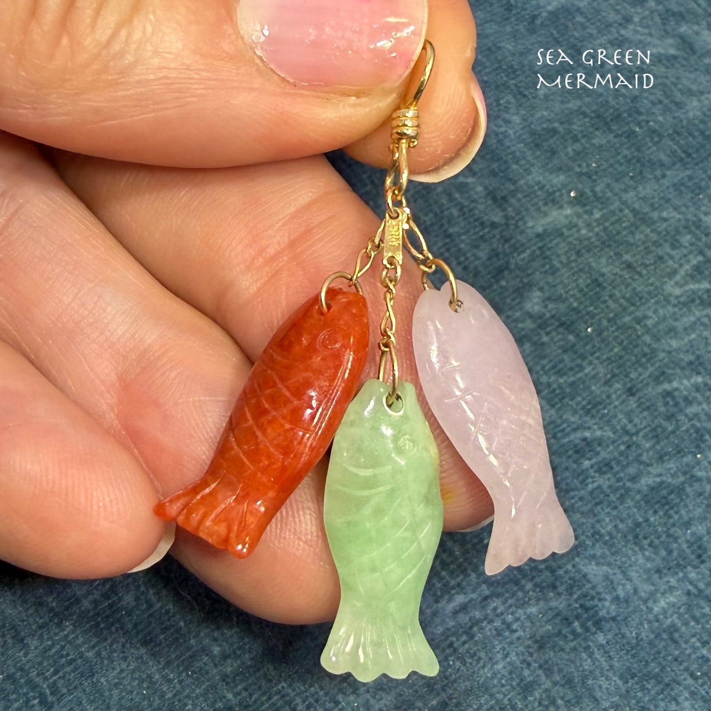 14k Gold Multi-Color Carved Fish Pendant. Lavender Red Green Jade