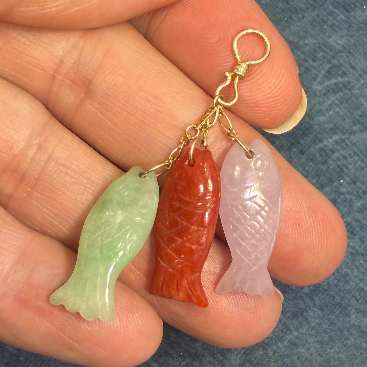 14k Gold Multi-Color Carved Fish Pendant. Lavender Red Green Jade