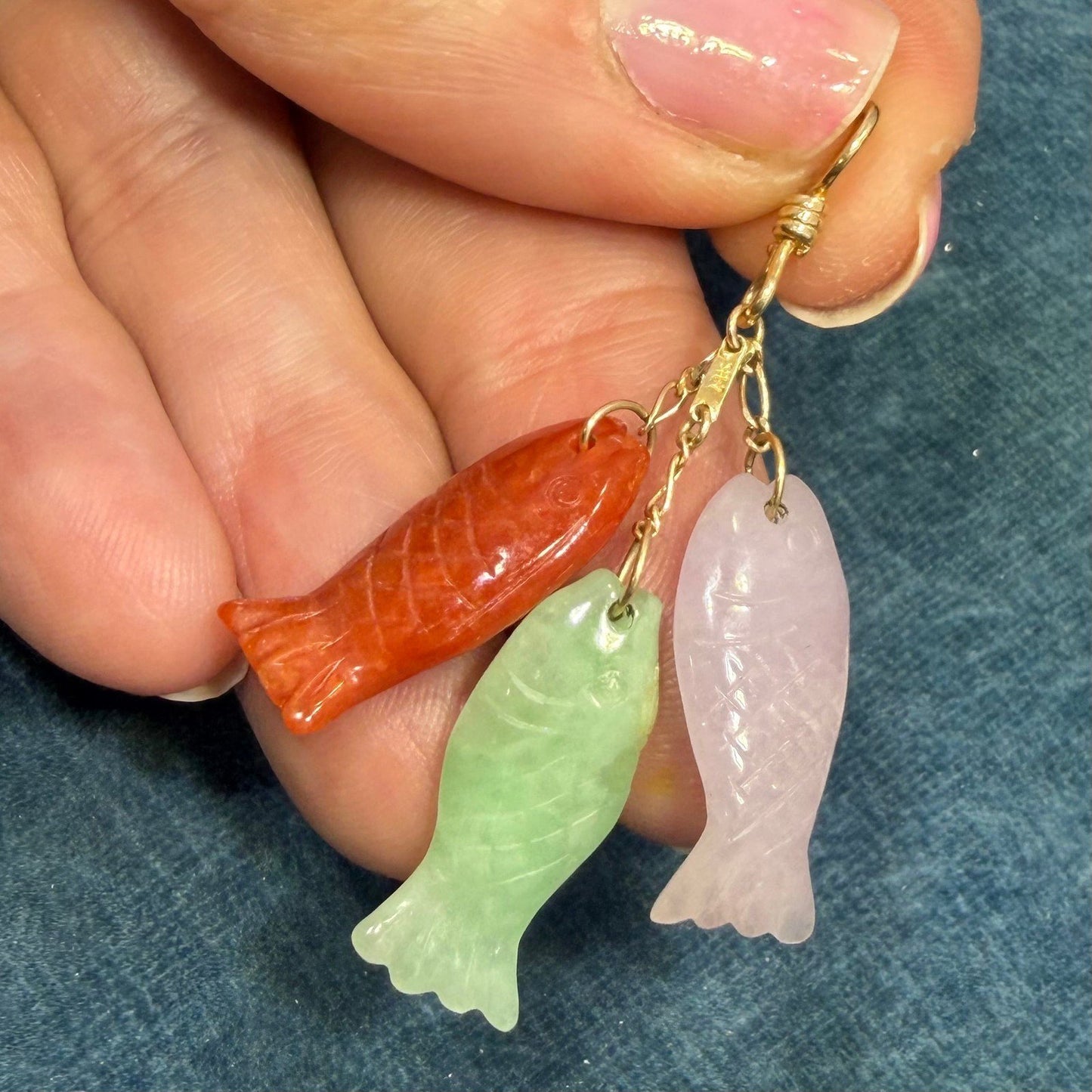 14k Gold Multi-Color Carved Fish Pendant. Lavender Red Green Jade