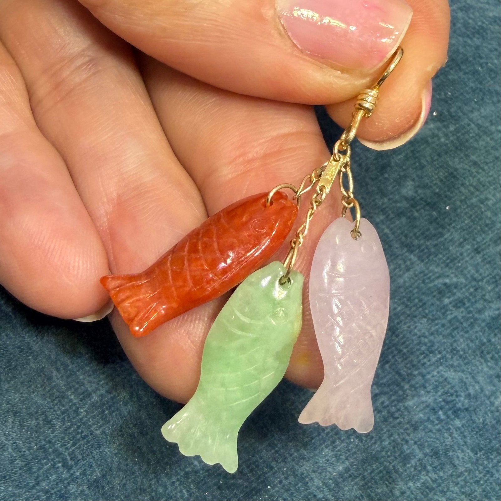 14k Gold Multi-Color Carved Fish Pendant. Lavender Red Green Jade