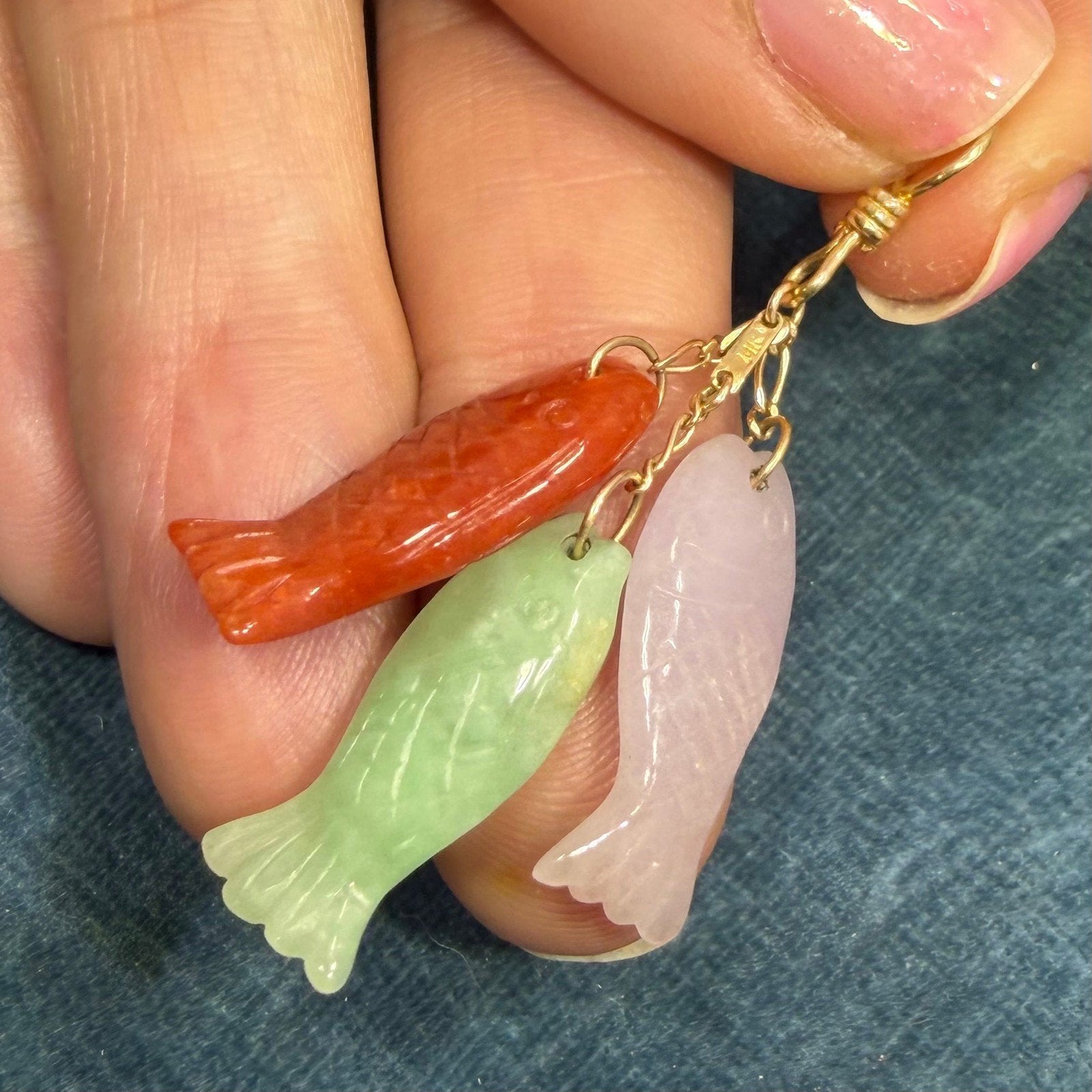 14k Gold Multi-Color Carved Fish Pendant. Lavender Red Green Jade