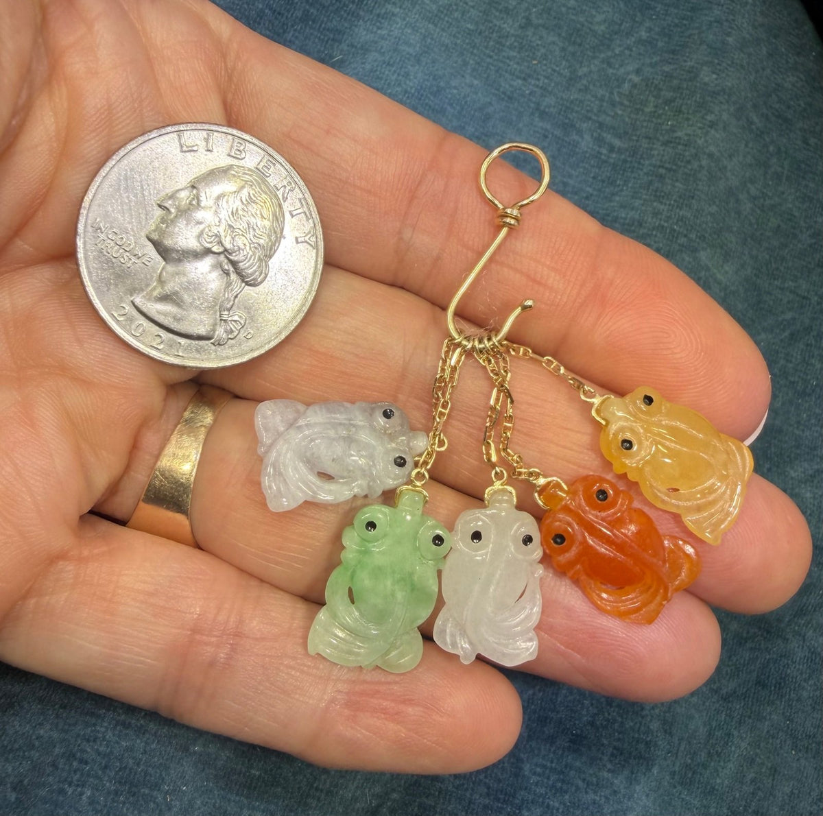 14k Gold Multi-Color Jade Carved Fish on Hook Pendant. 2" + 7.9g Lucky Catch!
