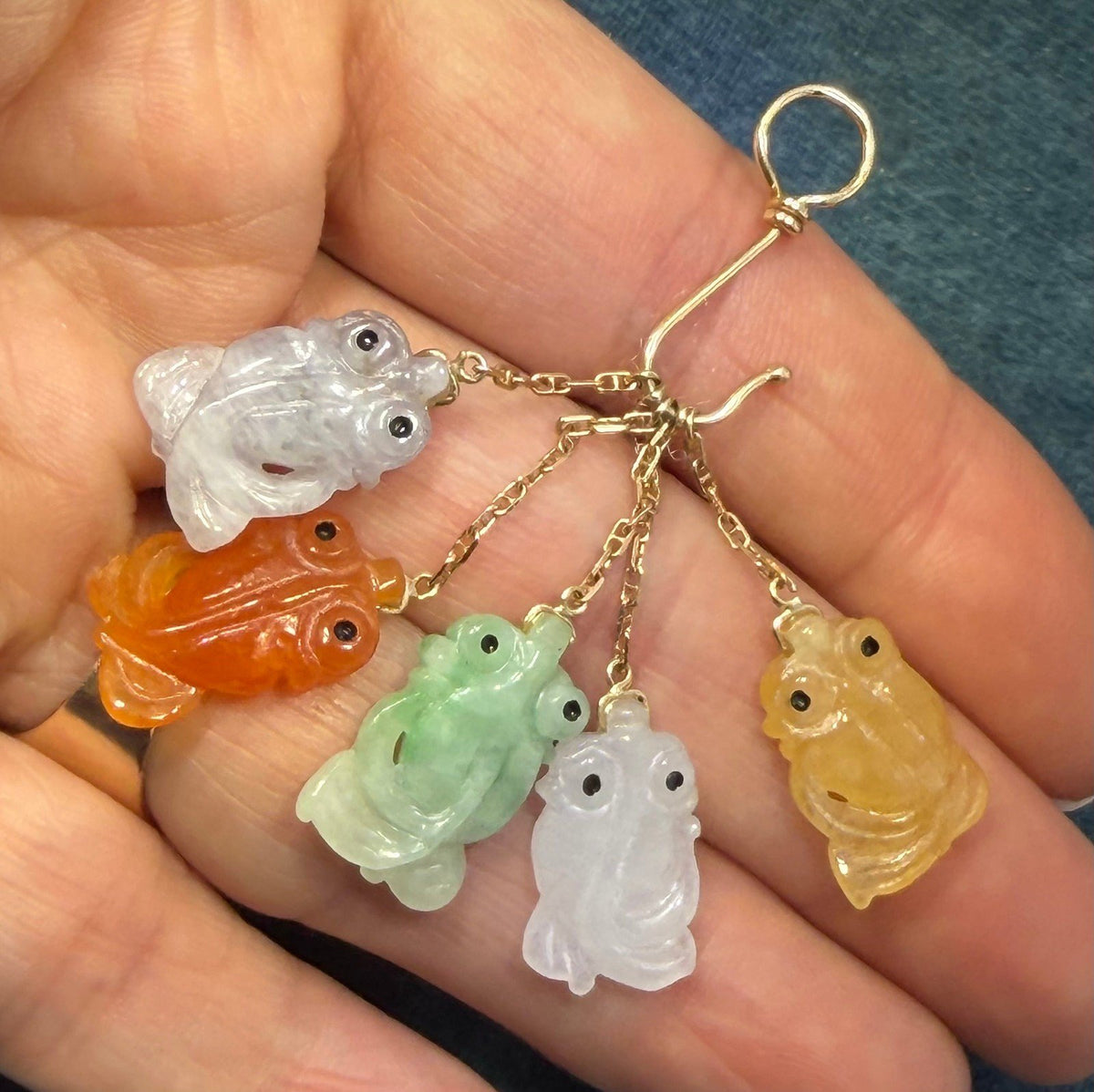 14k Gold Multi-Color Jade Carved Fish on Hook Pendant. 2" + 7.9g Lucky Catch!