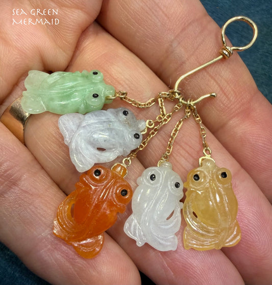 14k Gold Multi-Color Jade Carved Fish on Hook Pendant. 2" + 7.9g Lucky Catch!