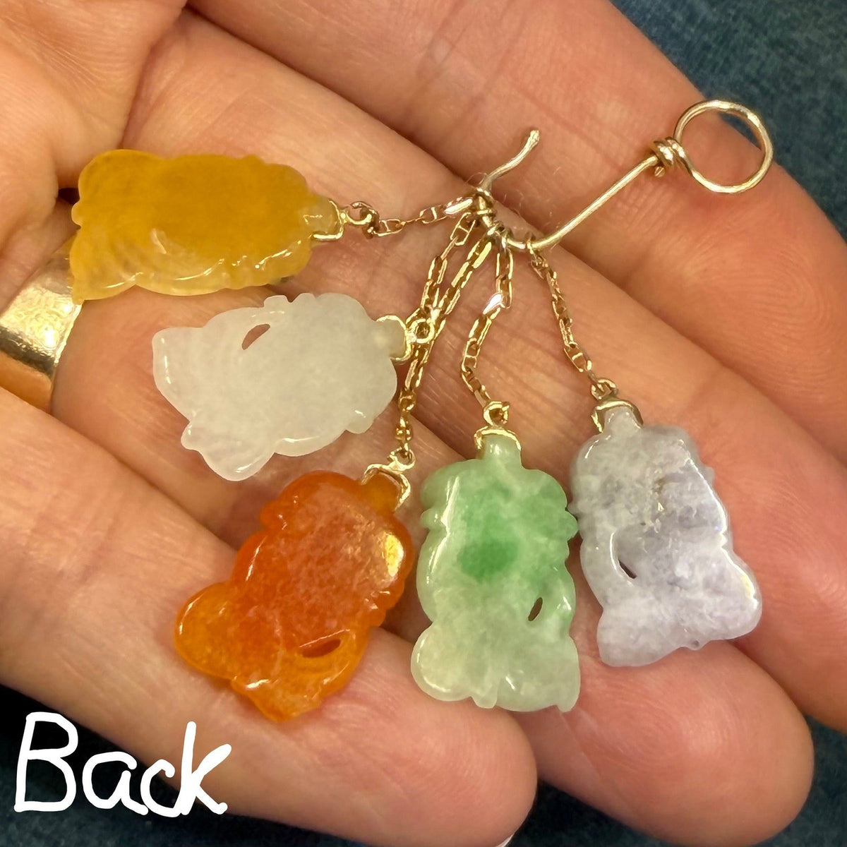 14k Gold Multi-Color Jade Carved Fish on Hook Pendant. 2" + 7.9g Lucky Catch!